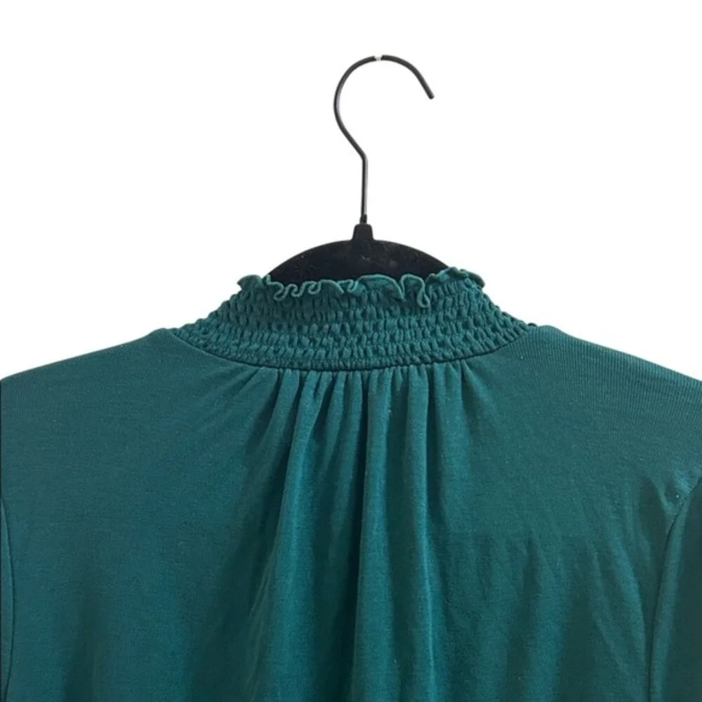 J.Crew Smocked High Neck Top XXS Green Long Sleeve Jersey Knit Victorian Blouse